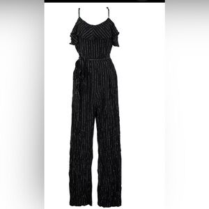 Bar III Women's Metallic Striped Ruffled Jumpsuit, Black